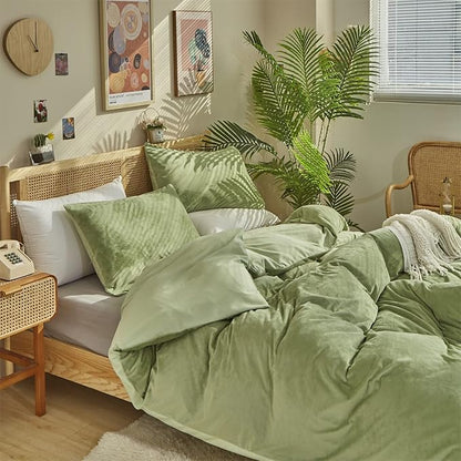 Houseri Sage Green Velvet Comforter Full Size Fluffy Light Green Fuzzy Bedding Sets Teen Girls Boys Warm Fall Winter Grass Green Micromink Sherpa Soft Comfy Plush Flannel Dorm Bed Quilts Blanket Full