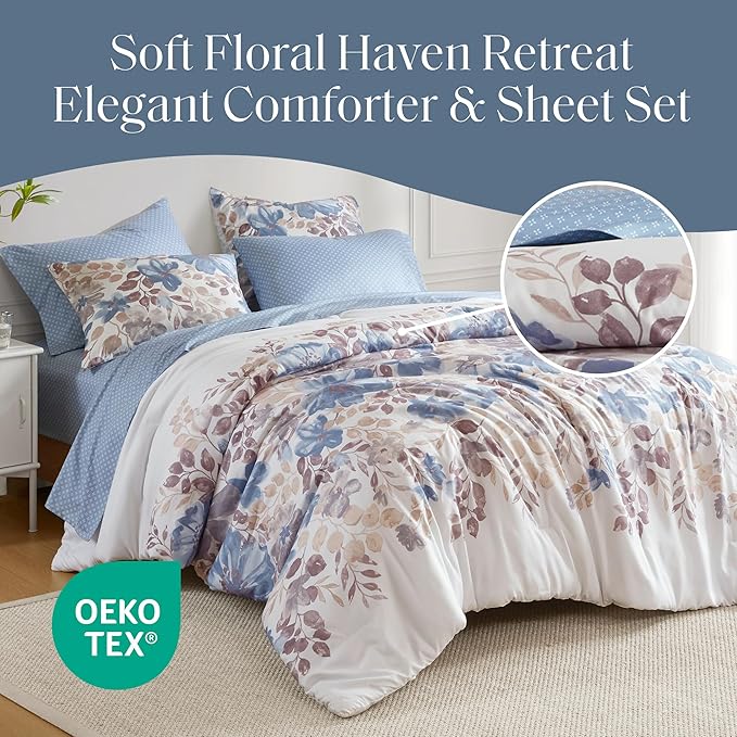 Madison Park Essentials Full Comforter Set with Sheets, Floral Bed in A Bag Microfiber Comforter for Full-Size Bed, Shabby Chic Full Bedding Set Diamond Printed Sheet, Luna, Full, Blue 7 Piece