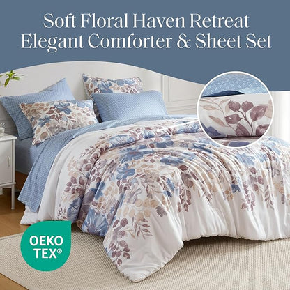 Madison Park Essentials Full Comforter Set with Sheets, Floral Bed in A Bag Microfiber Comforter for Full-Size Bed, Shabby Chic Full Bedding Set Diamond Printed Sheet, Luna, Full, Blue 7 Piece