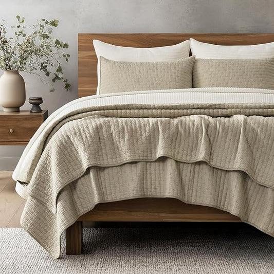 EVERGRACE Cross Stitch Pre-Washed Cotton Quilt Bedding Set King Size, Oversized 3 Pieces Lightweight Bedspread Coverlet for All Season, with 2 Matching Shams, Driftwood, 108"x96"