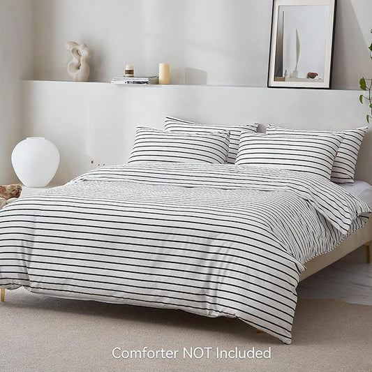 JELLYMONI 100% Natural Cotton 3pcs Striped Duvet Cover Sets, White Duvet Cover with Thick Black Stripes Pattern Printed Comforter Cover, with Zipper Closure & Corner Ties(King Size)