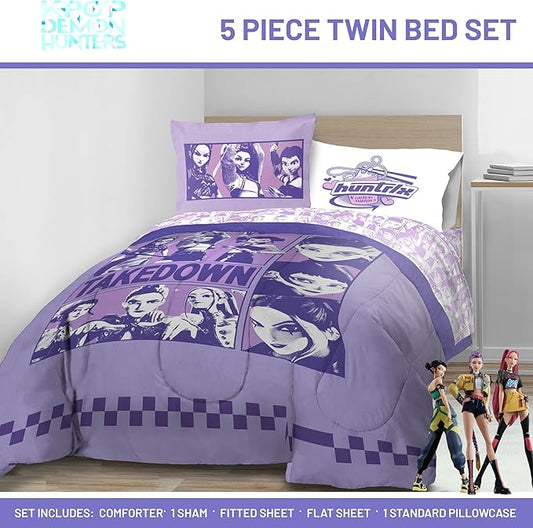 Jay Franco Kids Comforter Set Includes Sheets and Pillow Covers - Soft and Cozy Bed Set for Stylish Room Decor, Official Licensed Bedding, Purple - Kpop Demon Hunters, 5 Piece Twin
