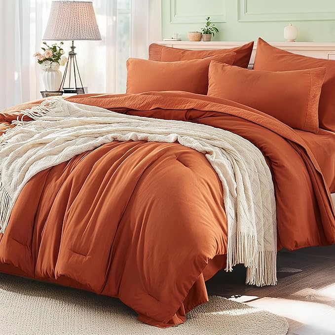 Anluoer Burnt Orange King Comforter Set 7 Pieces, Bed in a Bag with Sheets, All Season Bedding Sets with 1 Comforter, 2 Pillow Shams, 2 Pillowcases, 1 Flat Sheet, 1 Fitted Sheet