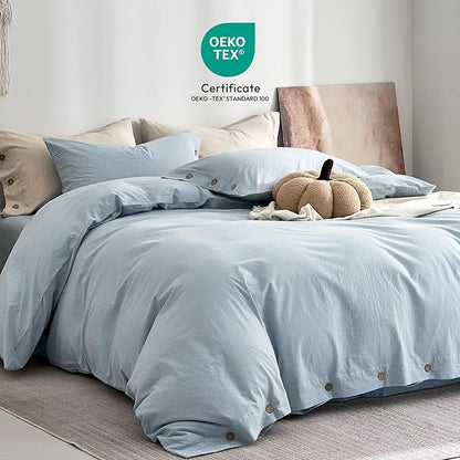 JELLYMONI 100% Washed Cotton Duvet Cover Full – Soft, Breathable Linen-Look Bedding with Natural Wrinkle Texture, Button Closure, 3-Piece Set (Mist Blue, 80"x90")