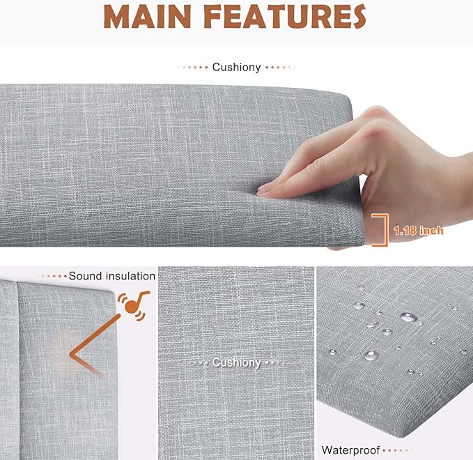 IFNOW Wall Mounted Headboard, Peel and Stick Panels, Light Grey, Queen | 3D Soundproof Acoustic Padding, Reusable and Removable Tufted fabric Bed Headboard for bedroom (9 Panels, 10" x 24")