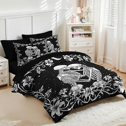 Nesker Comforter Set Full Size, Gothic Kissing Skeleton Lover 7 Pcs Bedding for Kids and Adults, Rose Black Lovers Black Bed Sheet Sets with Fitted Sheet 2 Pillowcases & 2 Shams