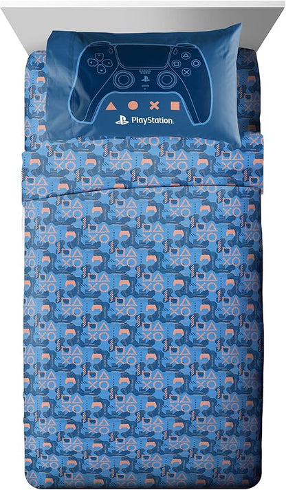 Jay Franco Kids Comforter Set Includes Sheets and Pillow Covers - Soft and Cozy Bed Set for Stylish Room Decor, Official Licensed Bedding, Blue - PlayStation, 5 Piece Twin