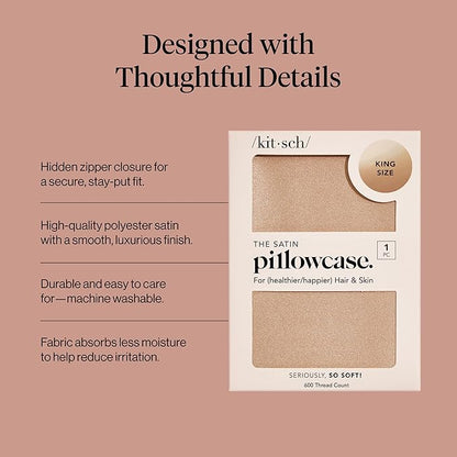 Kitsch Satin Pillowcase with Zipper for Hair & Skin - Softer Than Silk Pillow Cases, Smooth Cooling Satin Pillow Case, Wrinkle-Free, Machine Washable - King Size Satin Pillow Case 19x36 - Champagne
