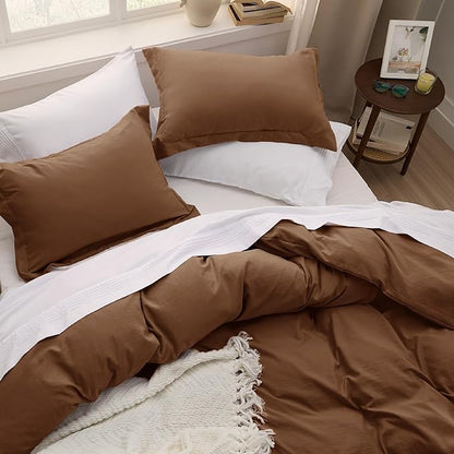 Bedsure Brown Duvet Cover King Size - 3 Pieces Prewashed Cotton-Like Extra Soft Bedding Set, Includes 1 Duvet Cover 104x90 Inches with Zipper Closure & 2 Pillow Shams, Comforter Not Included
