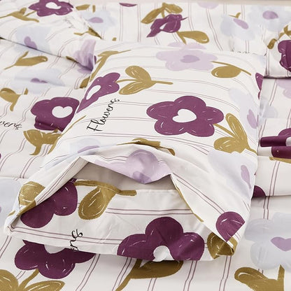 SDIII Purple Floral Comforter Set Queen 3 Pieces, Soft Microfiber Lightweight Vintage Floral Queen Comforter Set, Vintage Bedding for All Season
