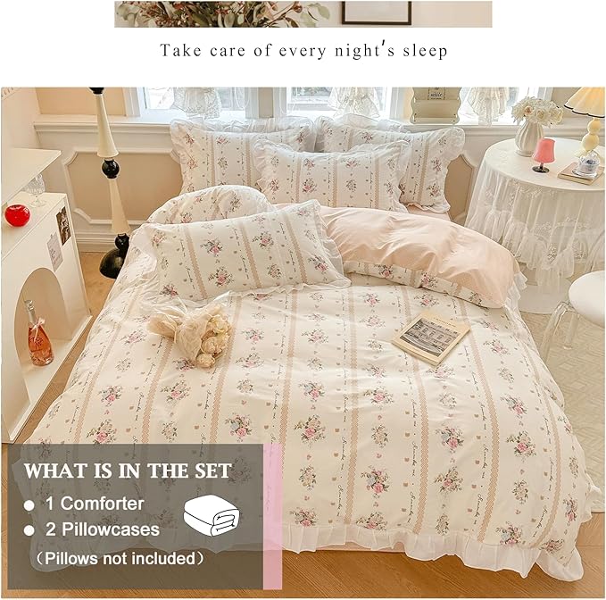 VM VOUGEMARKET Full Comforter Set Elegant Pink Flower Printed Romantic Ruffle Comforter with 2 Pillow Shams Reversible White Lace Bedding Comforter Set for Teen Girls(3pcs,Full)