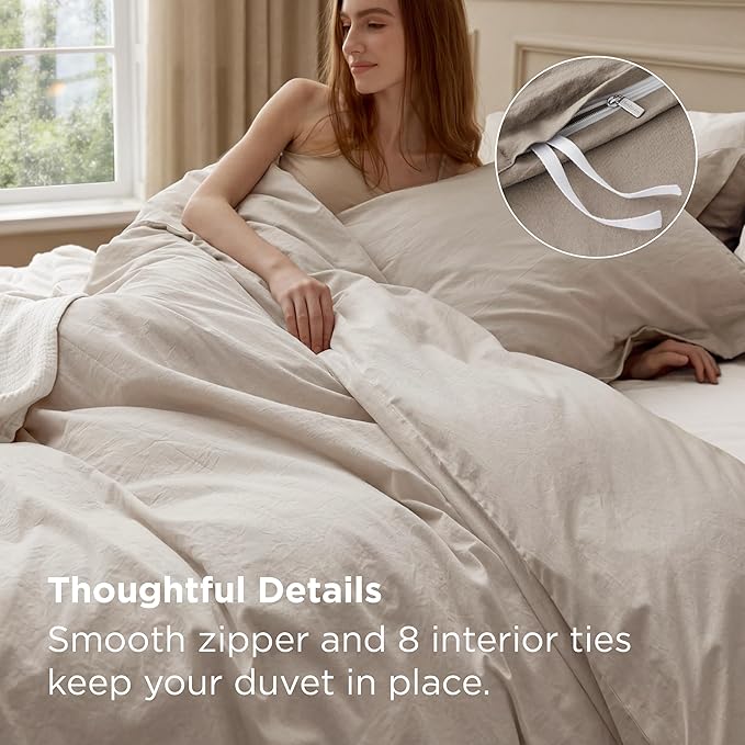Bedsure 100% Washed Cotton Duvet Cover Oversized King - Linen Color Minimalist Bedding Set Linen Like - PureWoven Plain Simple & Soft Comforter Cover for All Seasons (Oversized King, 120"x98")
