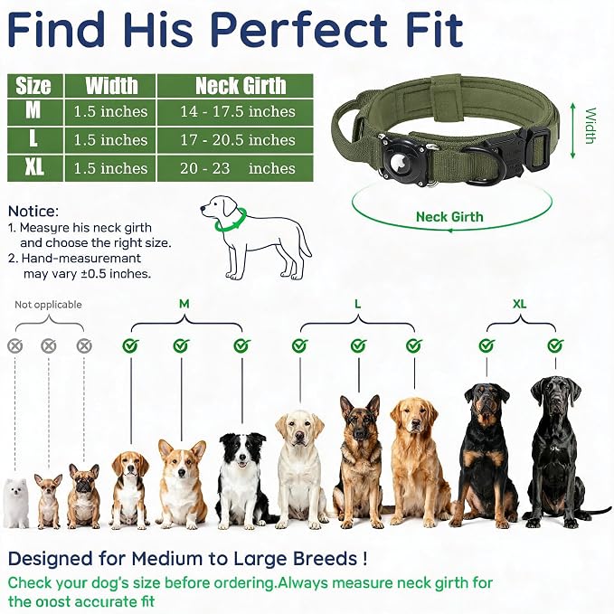 AirTag Dog Collar with QR Code, Tactical Waterproof AirTag Holder, Smart No-App ID Tag for Lost Pet Recovery, Padded Comfort for Medium and Large Dogs (Green,M)