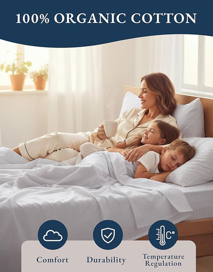 LANE LINEN 100% Organic Cotton Printed California King Sheets Set, 4-Piece All Season Fully Elasticized Deep Pocket Fits Mattress Upto 15", Mercerized Printed Cal King Sheet Set -Ticking Stripe Blue