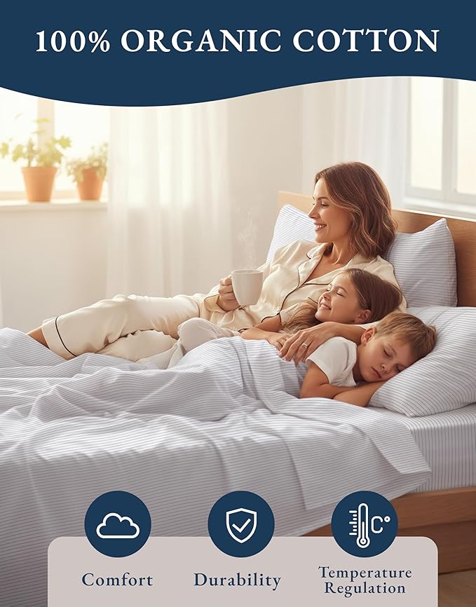 LANE LINEN 100% Organic Cotton Sheet Sets Queen Size, 4Pc Queen Size Cotton Sheets, Hotel Style Sheets, Bedding Sheets & Pillowcases, Queen Sheet Sets Deep Pockets Fits Upto 15" - Blue Ticking Stripe