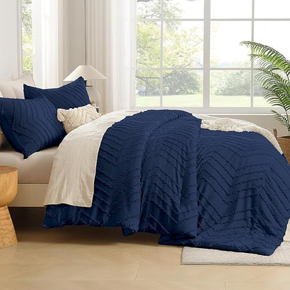 Andency Navy Blue Comforter Set Queen Size, Boho Soft Warm Tufted Bedding Comforter Sets for Queen Size Bed, 3 Pieces Aesthetic Chevron Farmhouse Cute Bohemian Textured Bed Set