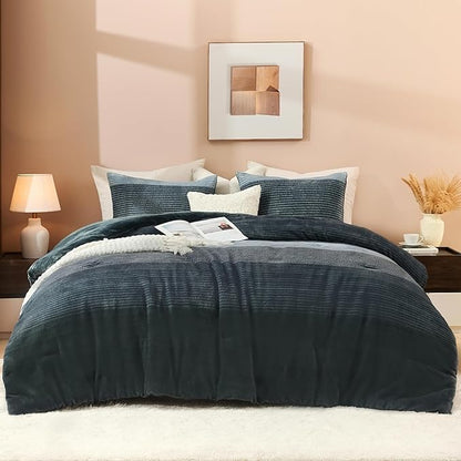 Litanika Fluffy Fleece Full Size Comforter Set, Luxury Soft Plush Fuzzy Haze Blue Stripe Bedding Comforter Sets, Warm Shaggy Faux Fur Bed Set All Season (1 Comforter, 2 Pillowcases)
