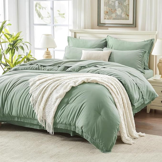 Andency Oversized King Comforter Set with Sheets 120x120 Sage Green - 7 Pieces Boho Tassel Bed in a Bag Soft Lightweight Bedding Sets, Fringe Bed Set with Comforter, Sheets, Pillowcases & Shams
