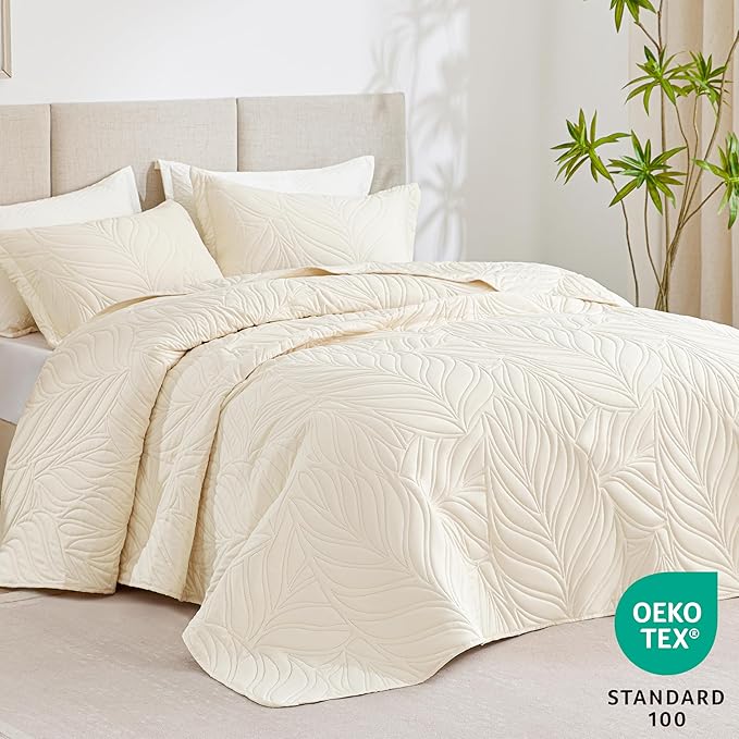 EXQ Home Quilt Set Twin Size Beige 2 Piece,Lightweight Soft Coverlet Modern Style Leaf Pattern Bedspread Set(1 Quilt,1 Pillow Sham)