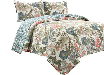 Lush Decor Sydney Reversible Cotton Quilt Set, 3 Piece Set, Full/ Queen, Green & Blue - Cotton Bedding Set - Blue Floral Quilt - Cottage Decor - Bedding Queen Size