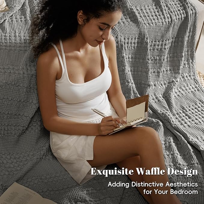 PHF 100% Cotton Waffle Weave Blanket Queen Size for Bed, Soft Lightweight & Breathable for Spring and Summer, All-Season Comfort, Luxury Aesthetic Blanket for Home Decor, 90"x90", Dark Grey
