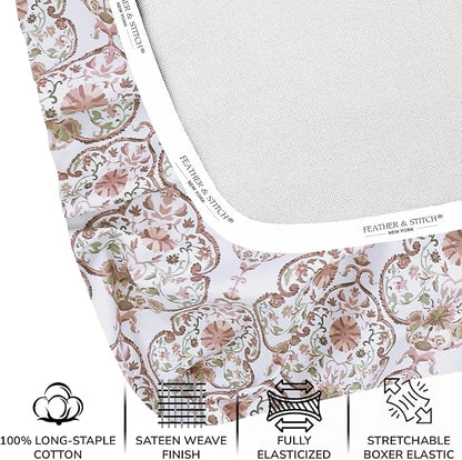 Feather & Stitch 500 TC Split King Size Sheet Set, 5 Piece Bed Sheets Set-2 Twin Fitted Sheet, 1 King Flat Sheet & 2 King Pillowcases, 18" Deep Pockets Sateen Weave Striped Bedsheet - Floral Bloom