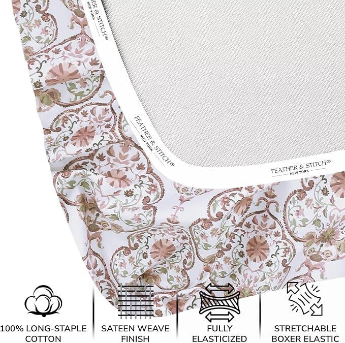 Feather & Stitch Printed 500 TC California King Size 4pc Damask Bed Sheet Set, 100% Soft Cotton Breathable Bedsheets, 18" Deep Pockets Sateen Weave Striped Bedding Mattress - Floral Bloom