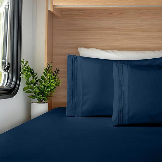 Elegant Comfort Luxurious 1500 Premium Hotel Quality Microfiber Three Line Embroidered Softest 4-Piece Bed Sheet Set, Wrinkle and Fade Resistant, RV Short Queen, Navy