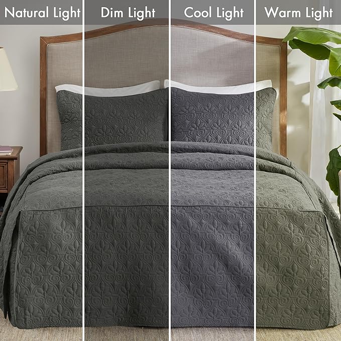 Madison Park Quebec Split Corner Quilted Bedspread Classic Traditional Design All Season, Lightweight, Bedding Set, Matching Shams, Queen (60" x 80" + 24"D), Damask Quilted Dark Grey 3 Piece
