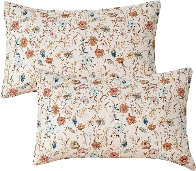 Zusbest 100% Cotton Orange Floral Pillowcases Standard Size Set of 2, 19''×29'', Queen Size Teal Orange Bohemian Flower Printed Pillow Covers Soft Envelope Queen Pillowcase Protectors