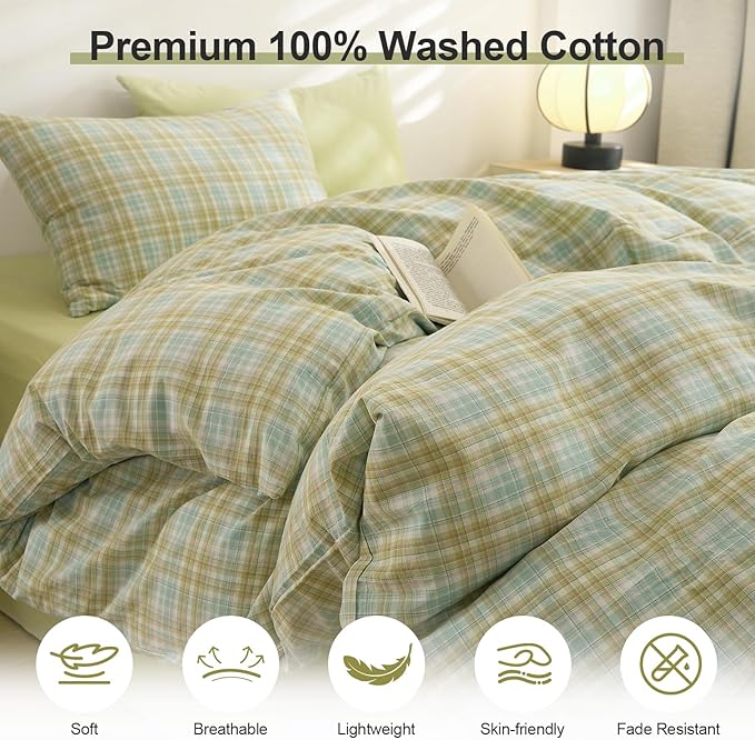 EAVD Gingham Duvet Cover Twin Multicolor Soft Washed Cotton Reversible Grid Plaid Duvet Cover Set with 2 Pillowcases Modern Farmhouse Gingham Bedding Set with Zipper Closure