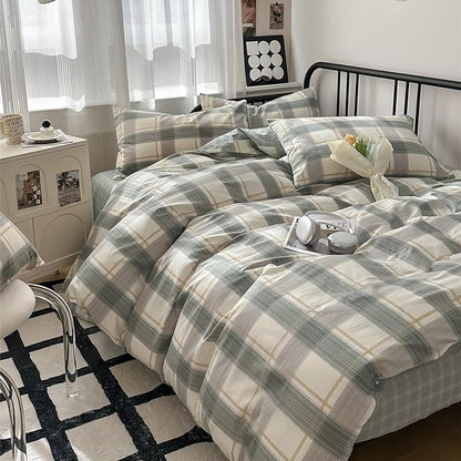 mixinni Green Grid Duvet Cover Set Twin - Vintage Buffalo Plaid Bedding Set-Green &Yellow&Beige, Soft Cotton Geometric Checkered Bedding Set with 2 Pillowcases for Boys, Girls, Teens