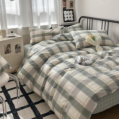 VM VOUGEMARKET Plaid Bedding Comforter Set King Green Grid Down Comforter with 2 Pillowcases,Modern Men Boy's Quilt Set