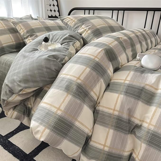 MKXI Vintage Green Plaid Duvet Cover Set with Checkered Design Farmhouse Look Gingham Modern Bedding Twin Size Classic Rustic Bedroom Collection for All Ages
