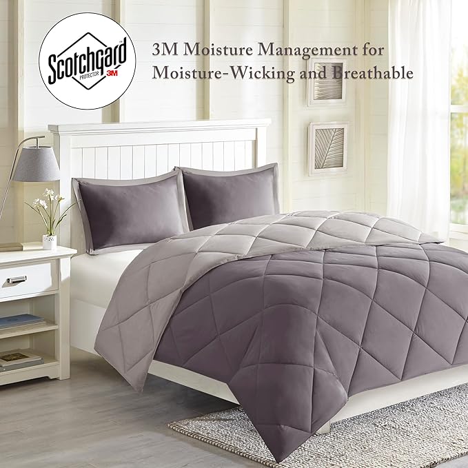 Madison Park - MPE10-614 Essentials Larkspur Comforter Set, Twin/Twin XL, Charcoal/Grey