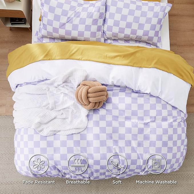Bedsure Duvet Cover King Size - Reversible Checked Plaid Duvet Cover Set with Zipper Closure, 3 Pieces Purple Bedding Set with 8 Corner Ties and 2 Pillow Shams 20"x36"