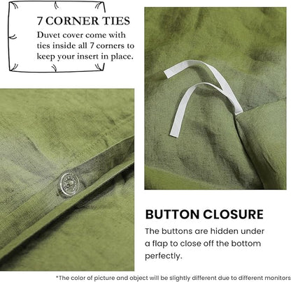 Simple&Opulence 100% Linen Duvet Cover Set with Embroidery Border Washed - 3 Pieces (1 Duvet Cover & 2 Pillow Shams) with Button Closure Soft Breathable Farmhouse - Olive, Queen Size