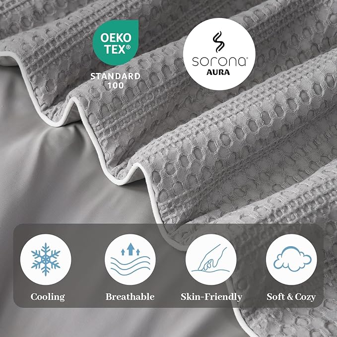 Amélie Home Waffle Cooling Comforter Twin Size, Q-Max 0.45 Reversible Lightweight Cooling Blanket for Hot Sleepers, Breathable Bedding for Night Sweats, 68"x90", Cool Gray
