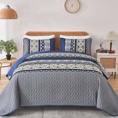 WONGS BEDDING 3 Pieces Quilt Set Queen Size, Navy Blue Quilt Bedspread Lightweight Bohemian Coverlet Set with 2 Pillowcase, Soft Geometry Printed Bedding Set Queen for All Season 96"×90"
