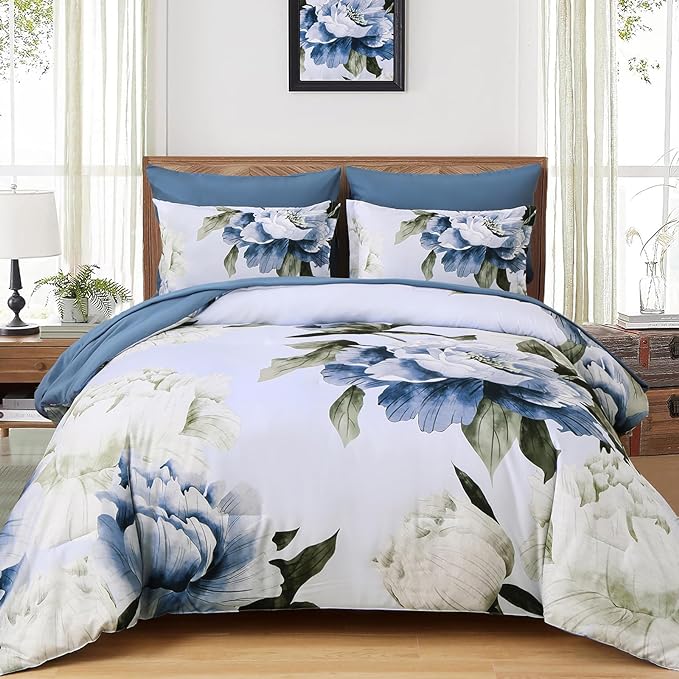 Dobuyly Blue King Size Comforter Set 7 Piece Bed in a Bag King, Blue Floral Printed on Light Blue Comforter Set with Sheets, Soft Microfiber Botanical Complete Bedding Set for All Season