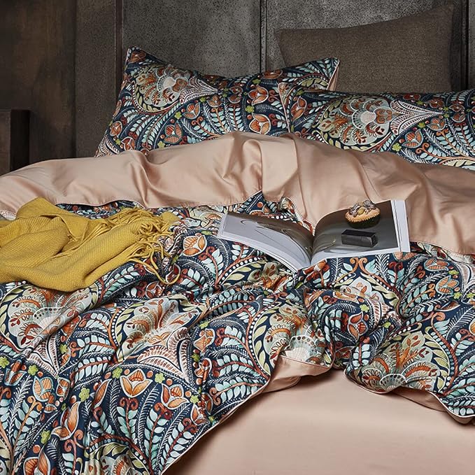 Cupocupa King Duvet Cover Set - 3pc Dark Navy Paisley Boho Bedding - Luxury Art Deco Floral Botanical Print, Soft Microfiber Reversible Quilt Cover with Pillowcases (King, 104"x90")