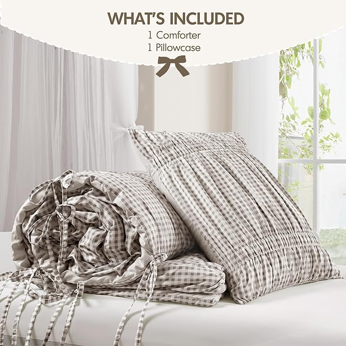 Intelligent Design Ella Twin Comforter Set – Ruched Gingham Shabby Chic Bedding, Bow-Tie Detail, All Season Lightweight 3 Piece Bedding Set, Sham, Twin/Twin XL, Brown