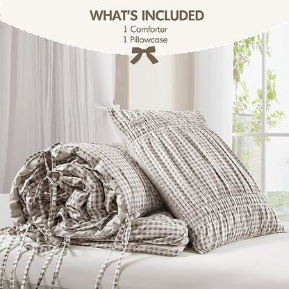Intelligent Design Ella Twin Comforter Set – Ruched Gingham Shabby Chic Bedding, Bow-Tie Detail, All Season Lightweight 3 Piece Bedding Set, Sham, Twin/Twin XL, Brown
