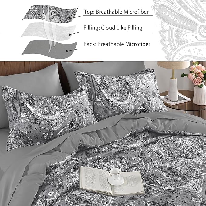 DJY Grey Paisley Comforter Set King, 7 Piece Boho Paisley Dark Gray Bed in a Bag Comforter Set, Soft Microfiber Complete Bedding Set for All Season (104''x90)