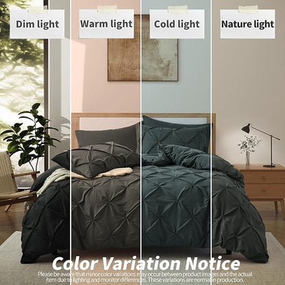 VACVELT 5 Piece Pinch Pleated Duvet Cover King Size Set, Charcoal Black Pintuck Duvet Cover with Zipper & 8 Ties, Shabby Chic Microfiber + 2 Pillow Shams + 2 Pillowcases, No Comforter