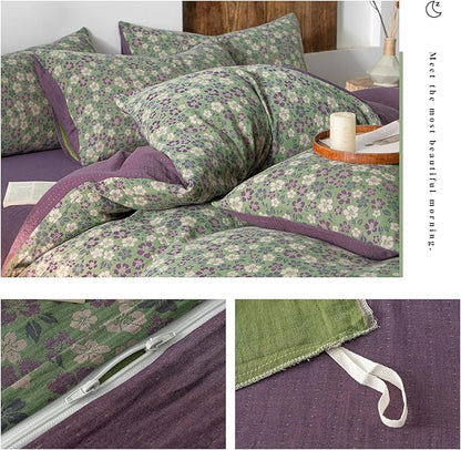 VM VOUGEMARKET Vintage Floral Jacquard Duvet Cover Set King Breathable Double Layered Gauze Bedding Collection for All-Season,Green & Purple