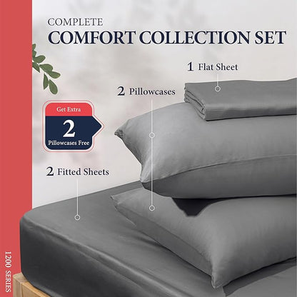 Ashton Sheets 100% Egyptian Cotton Split King Sheets Sets for Adjustable Bed - Luxury 1200 Thread Count Split Head King Sheets Sets (Dark Grey), Cooling, Sateen Weave 17" Deep Pocket Twin XL Sheets