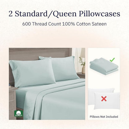 CALIFORNIA DESIGN DEN Luxuriously Soft Hotel Quality 600 Thread Count, 100% Cotton Set of 2 Cases, Crisp & Cool Standard Pillows Cases Set of 2 Fits Standard & Queen Pillows (Seafoam)