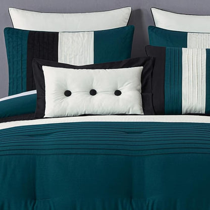 Chezmoi Collection Loft 8-Piece Oversized King Comforter Set, Teal/Black/White Luxury Striped Bedding for All Season