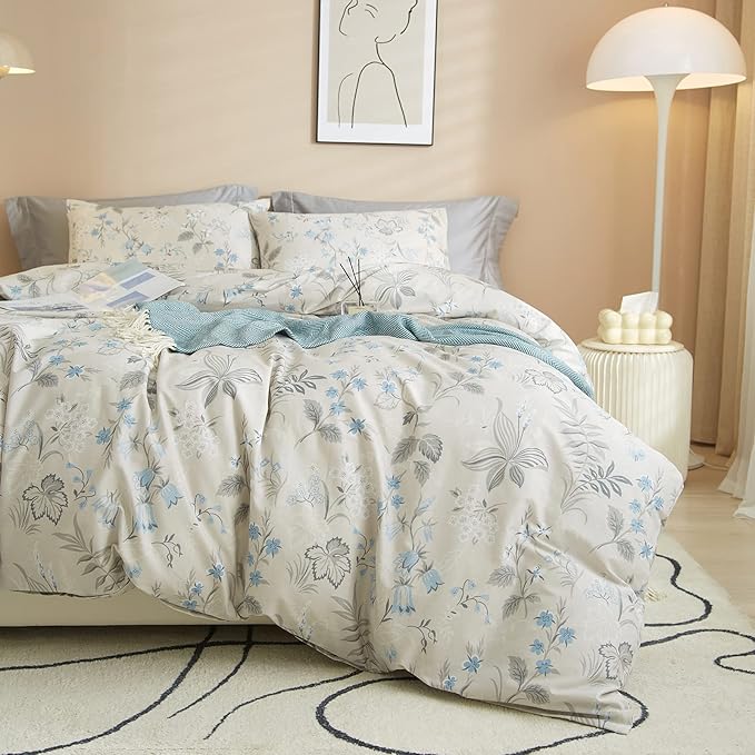 VM VOUGEMARKET Gray Blue Floral Duvet Cover Set King,Vintage Garden Style Botanical Bedding Set,100% Cotton Comforter Cover for Girls And Boys Women